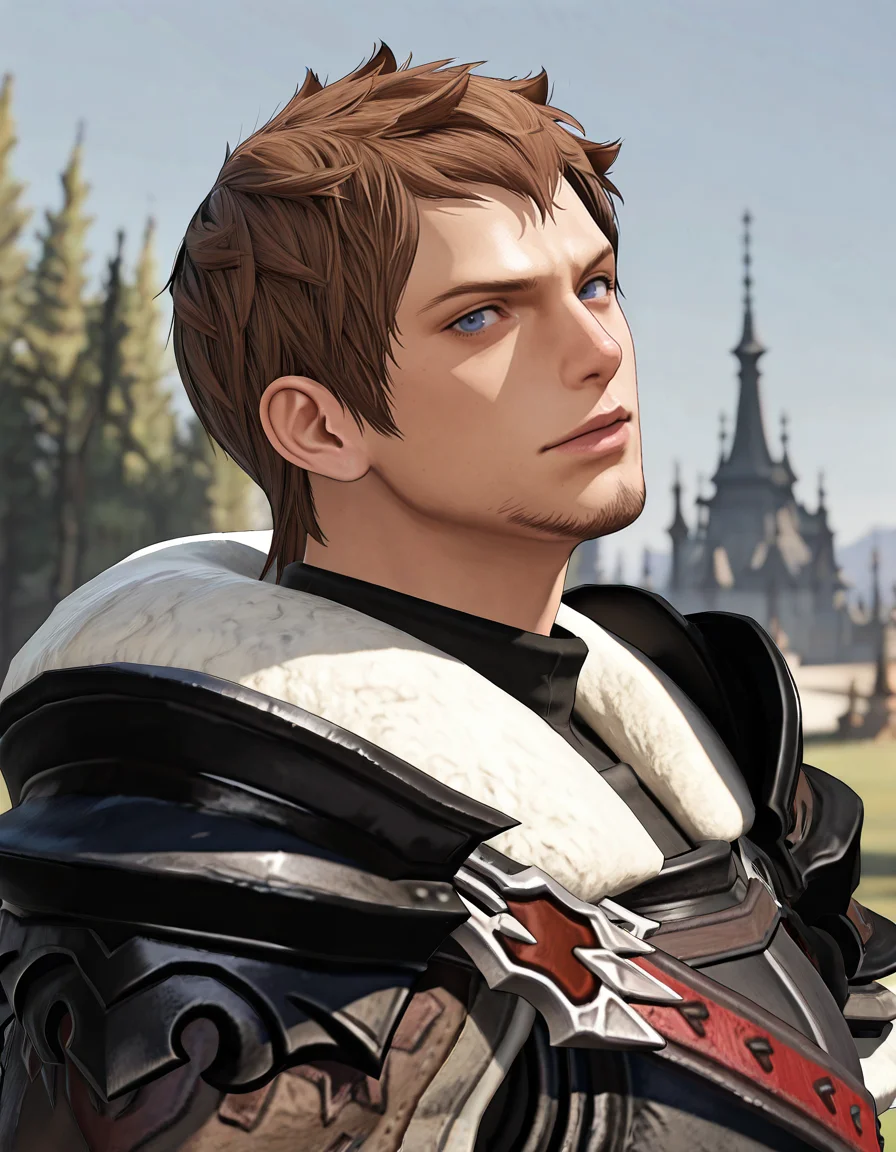 masterpiece, best quality, newest, perfect quality, best quality, detailed background, intricate details, male focus, solo, realistic, <lora:FFXIV - Ardbert Hylfyst - Illustrious 2_3-000004:0.7>, ardbert_ffxiv, 1boy, mature male, short hair, brown hair, blue eyes, goatee, fur-trimmed collar, fur-trimmed pauldrons, armor, from side, looking at viewer, head tilt, outdoors, portrait