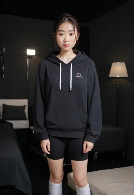 <lora:model_asian_nobody_pxl:1> score_9, score_8_up, score_7_up, score_6_up, score_5_up, score_4_up, realistic, 1girl, looking_at_viewer, pale skin, hair up, standing, petite body, hoodie, bike shorts, white socks, hotel room, dark black room, black walls, indoors, night, standing,