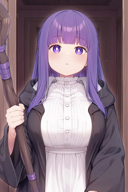 1girl,looking at viewer,facing viewer, front viewer, <lora:enotesv2:0.8> <lora:SousouNoFrieren_Fern_IlluXL:1> ,holding staff, wooden staff, purple hair, long hair, purple eyes, bright pupils, blunt bangs,large breasts,FernCasual,striped dress, white dress, black robe, open robe, hood down, frilled collar,, breasts,digital illustration,1girl, masterpiece, best quality,highres,
