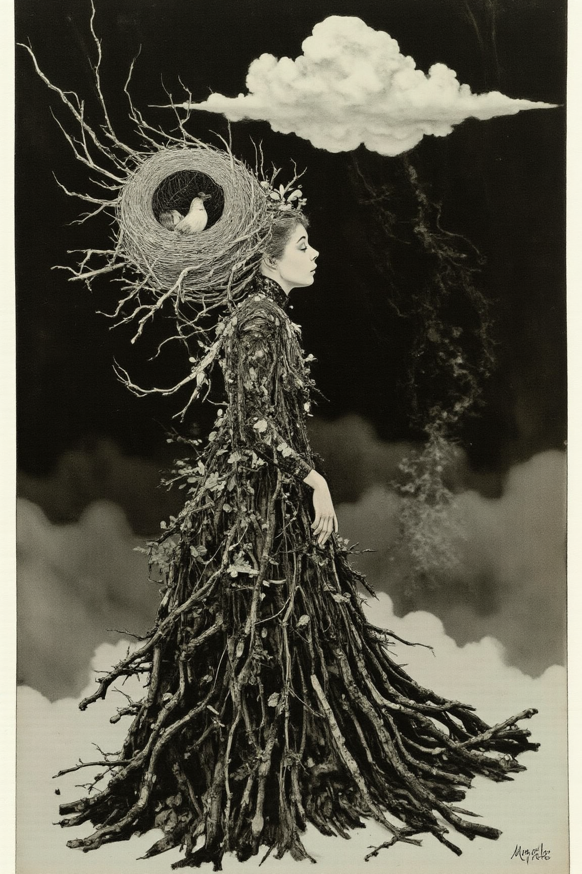 YFG-V1nt A woman stands in side profile, her face calm and mysterious. Her dress is made of thin, black twigs, woven together like fabric but keeping their rough, natural shape. Some twigs stick out, as if caught by the wind. Pale leaves grow in small patches, adding a soft contrast to the dark texture. The dress flows around her, drawn in deep charcoal strokes, blending rough and smooth shading like Japanese ink art.  
Her hair is shaped into a large birdâs nest, each strand layered with careful brushstrokes. The nest looks both natural and surreal, merging into her form. A single bird perches inside, its feathers drawn with delicate ink lines, standing out against the dark tones.  
The background is a vast black space with swirling ink-like textures. A single, large cloud floats behind her, painted with soft, fading brushstrokes. It appears light and dreamlike, its edges blending into the darkness. The mix of charcoal depth and flowing ink details creates a surreal, timeless feeling, where reality and dreams seem to merge. vantablack