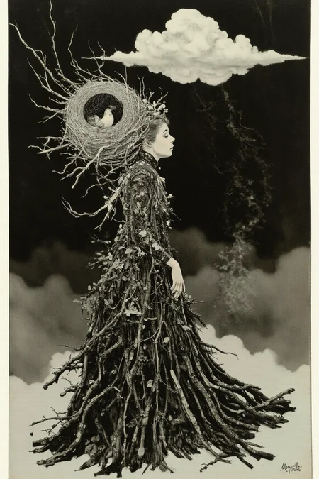 YFG-V1nt A woman stands in side profile, her face calm and mysterious. Her dress is made of thin, black twigs, woven together like fabric but keeping their rough, natural shape. Some twigs stick out, as if caught by the wind. Pale leaves grow in small patches, adding a soft contrast to the dark texture. The dress flows around her, drawn in deep charcoal strokes, blending rough and smooth shading like Japanese ink art.
Her hair is shaped into a large birdâs nest, each strand layered with careful brushstrokes. The nest looks both natural and surreal, merging into her form. A single bird perches inside, its feathers drawn with delicate ink lines, standing out against the dark tones.
The background is a vast black space with swirling ink-like textures. A single, large cloud floats behind her, painted with soft, fading brushstrokes. It appears light and dreamlike, its edges blending into the darkness. The mix of charcoal depth and flowing ink details creates a surreal, timeless feeling, where reality and dreams seem to merge. vantablack