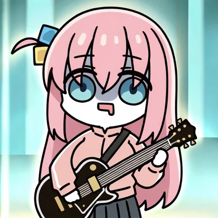 chibi,drooling,mouth drool,upper body,open mouth,1girl,solo,Gotoh_Hitori,holding guitar,holding,guitar,looking at viewer, blue_eyes, pink_hair, long_hair, one_side_up, huge_breasts, cube_hair_ornament, track_jacket, pink_jacket, pleated_skirt, black_skirt,blurry background,blonde hair,shirt,green eyes,hood down,open clothes,depth of field,