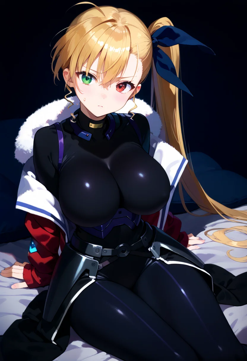 score_9, score_8_up, score_7_up, score_6_up, score_5_up, source_anime,
1girl, solo,
<lora:vivio:1> vivio, blonde hair, side ponytail,  heterochromia, green eyes, red eyes, bodysuit, aged up, jacket,hair ribbon, blue ribbon
 shiny skin, sweat, huge breasts, covered abs, sitting, white bed,