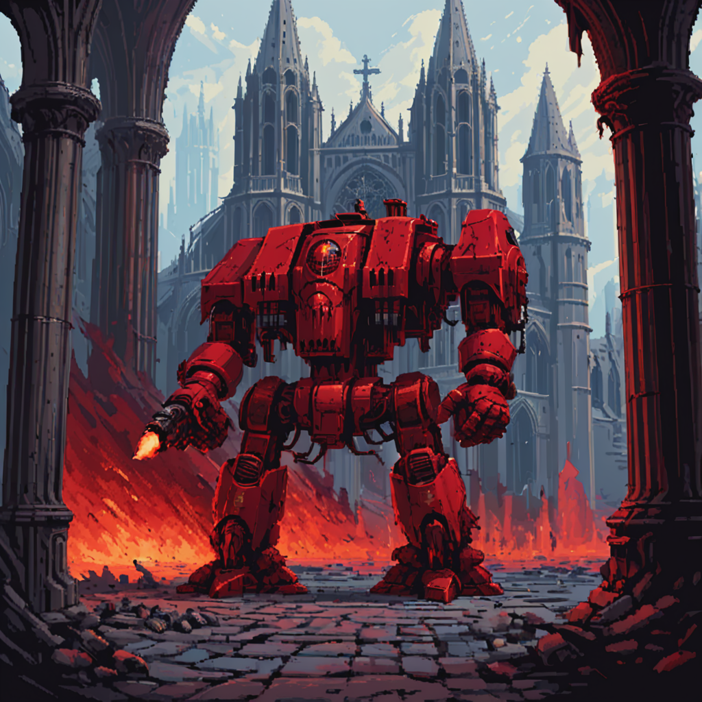 a four meter tall red drdnght machine with heavy gun and rocket pod walks through a gothic cathedral searching for enemies who hide behind pillars and columns waiting in ambush, fire and flames spit from its flamethrower,