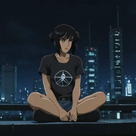 <lora:motoko_loha:1>m0t0k0, motoko, motoko kusanagi, kusanagi, Motoko Kusanagi, gits, Ghost in the Shell, 1girl, solo, kusanagi motoko, short hair, night, city, cyberpunk, building, black hair, shirt, sitting, outdoors, closed mouth, anime, cartoon