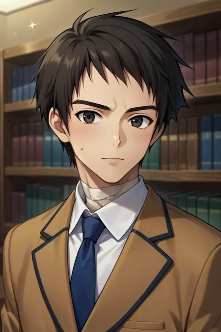 score_9, score_8_up, score_7_up,score_6_up,score_5_up,score_4_up,source_anime,BREAK, rating_safe, intricate details , , , anime screencap, anime coloring, official style, depth of field,1boy, solo, male focus,<lora:shizuki:0.73>,soujuurou shizuki,black hair, black eyes,short hair,looking at viewer, shirt,jacket, school uniform, white shirt, upper body, collared shirt, blurry, sparkle,necktie,sweat,bandages, portrait, brown jacket, bookshelf,close-up,kita high school uniform, library, bandaged neck, kyon , , ,<lora:sdxl_lightning_8step_lora_315544:1>