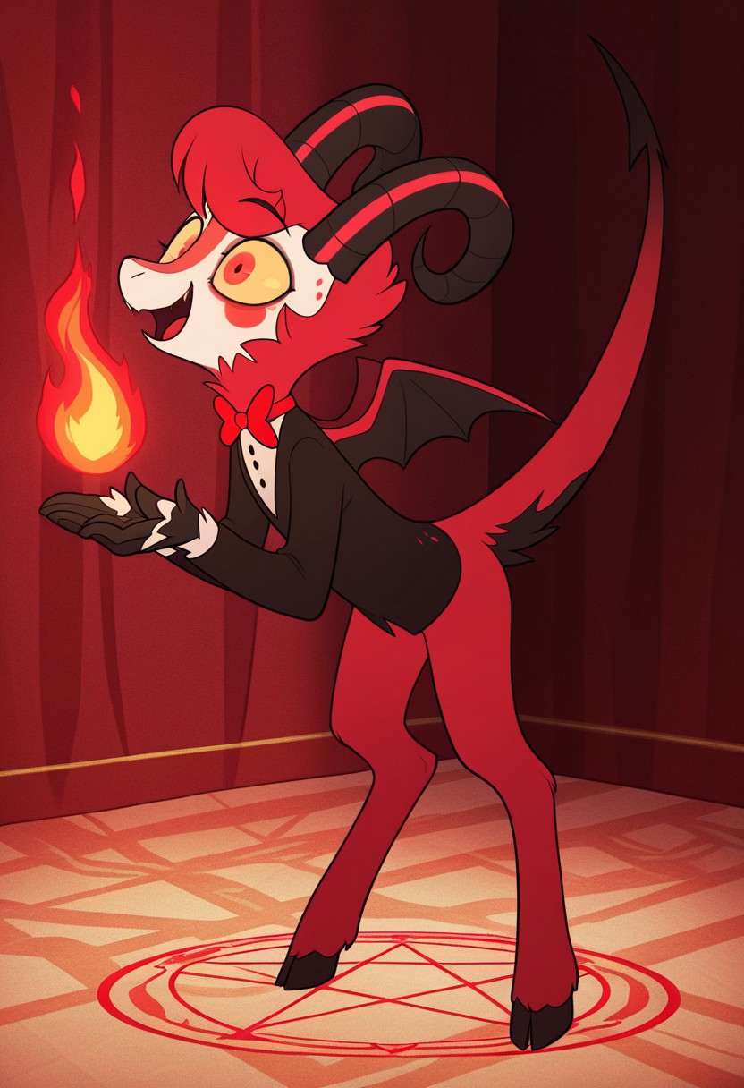 masterpiece, best quality, amazing quality, dazzle, solo, 1boy, Demon, goat horns, yellow sclera, red Eyes, Demon wings, red fur, tuxedo, red bowtie, bara, full body, fire pentagram, horny face