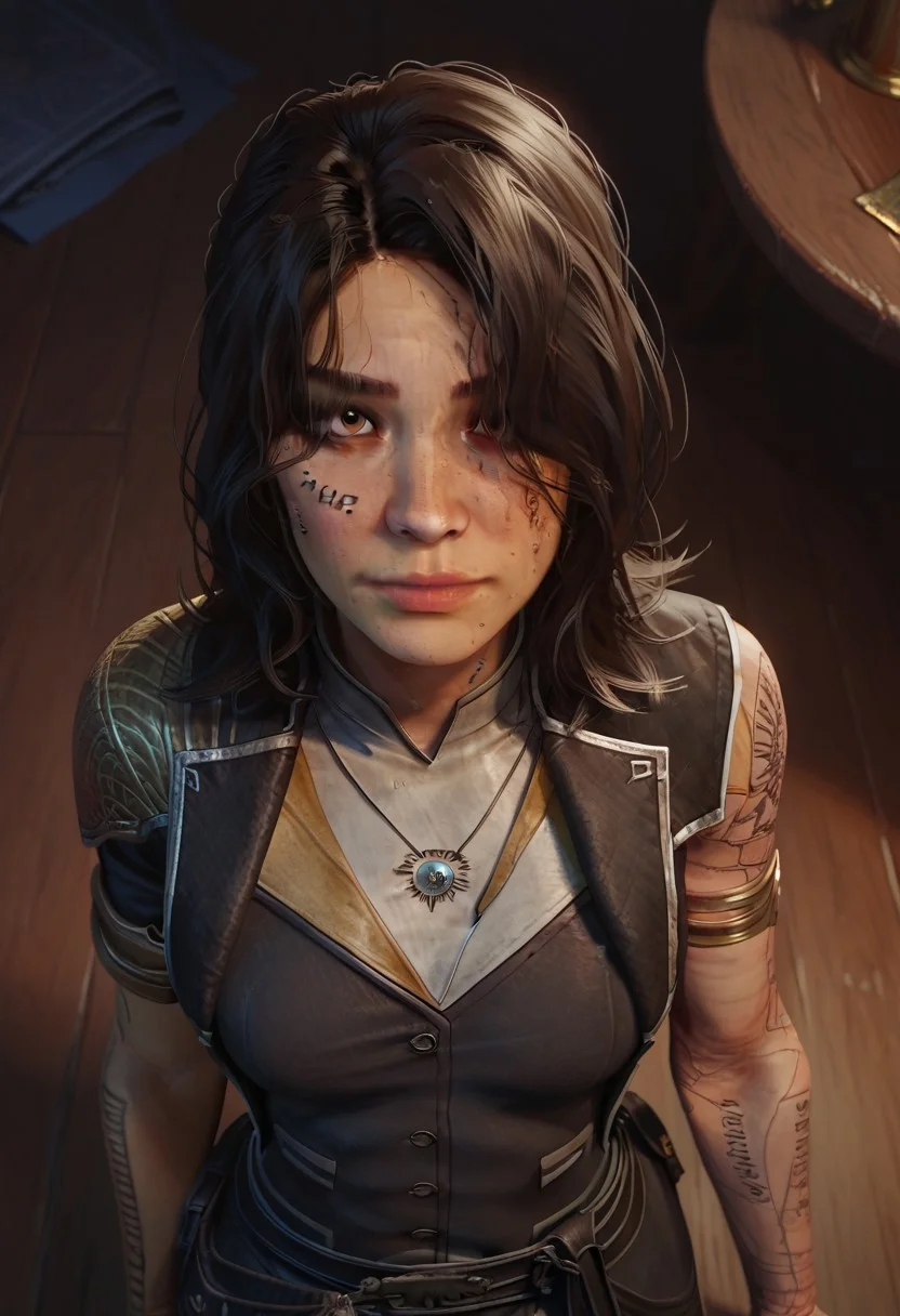 score_9, score_8_up, score_7_up,((masterpiece)), sharp focus, 1girl,solo, (lune, black hair, brown eyes, gold arm tattoo, gold leg tattoo, black facial tattoo, (tattoo writing over left eye:1.1):1.2), (armor, clair obscur expedition 33, pants, single arm glove:1.2), close up, perfect face, hd quality, high quality, detailing face, detailing body, deatiled apartament, abounded house, from above, closed eyes, seductive smile, standing, sunlights on hair