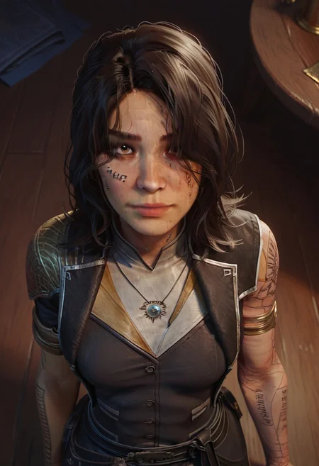 score_9, score_8_up, score_7_up,((masterpiece)), sharp focus, 1girl,solo, (lune, black hair, brown eyes, gold arm tattoo, gold leg tattoo, black facial tattoo, (tattoo writing over left eye:1.1):1.2), (armor, clair obscur expedition 33, pants, single arm glove:1.2), close up, perfect face, hd quality, high quality, detailing face, detailing body, deatiled apartament, abounded house, from above, closed eyes, seductive smile, standing, sunlights on hair