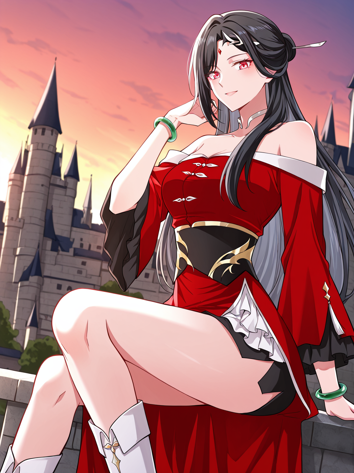 <lora:Martial_Peak__Xue_Yue:1>
1 girl, solo, long hair, black hair, side braid, hair ornament, red eyes, forehead jewel, hairpin, forehead jewel, 
chinese dress, red off shoulder dress, long sleeves, black and gold obi, wide sleeves, open side slit, layered skirt, white thigh-high inner layer, bare shoulders, white boots, jade bangle
score_9, score_8_up, score_7_up, very aesthetic, source_anime, detailed, high quality, beautiful, masterpiece, detailed eyes, castle, village, blurry background, cityscape, pose dynamic angle, light smile, open mouth, hand on hair, sitting