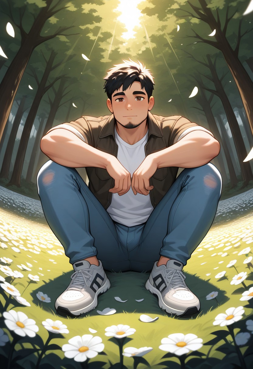 masterpiece, best quality, amazing quality, good quality, very awa, newest, highres, absurdres, warm light, lively and bustling atmosphere, background details visible, shiny skin, outdoor, flower field, tree, sky, sunbeam, solo, male focus,
1boy, torithor, bara, short hair, black hair, brown eyes, facial hair, shirt, jacket, jeans, sneakers,
dynamic pose, relaxing, fisheye, windy, (flying petal:1.5),