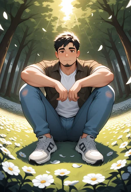 masterpiece, best quality, amazing quality, good quality, very awa, newest, highres, absurdres, warm light, lively and bustling atmosphere, background details visible, shiny skin, outdoor, flower field, tree, sky, sunbeam, solo, male focus,
1boy, torithor, bara, short hair, black hair, brown eyes, facial hair, shirt, jacket, jeans, sneakers,
dynamic pose, relaxing, fisheye, windy, (flying petal:1.5),
