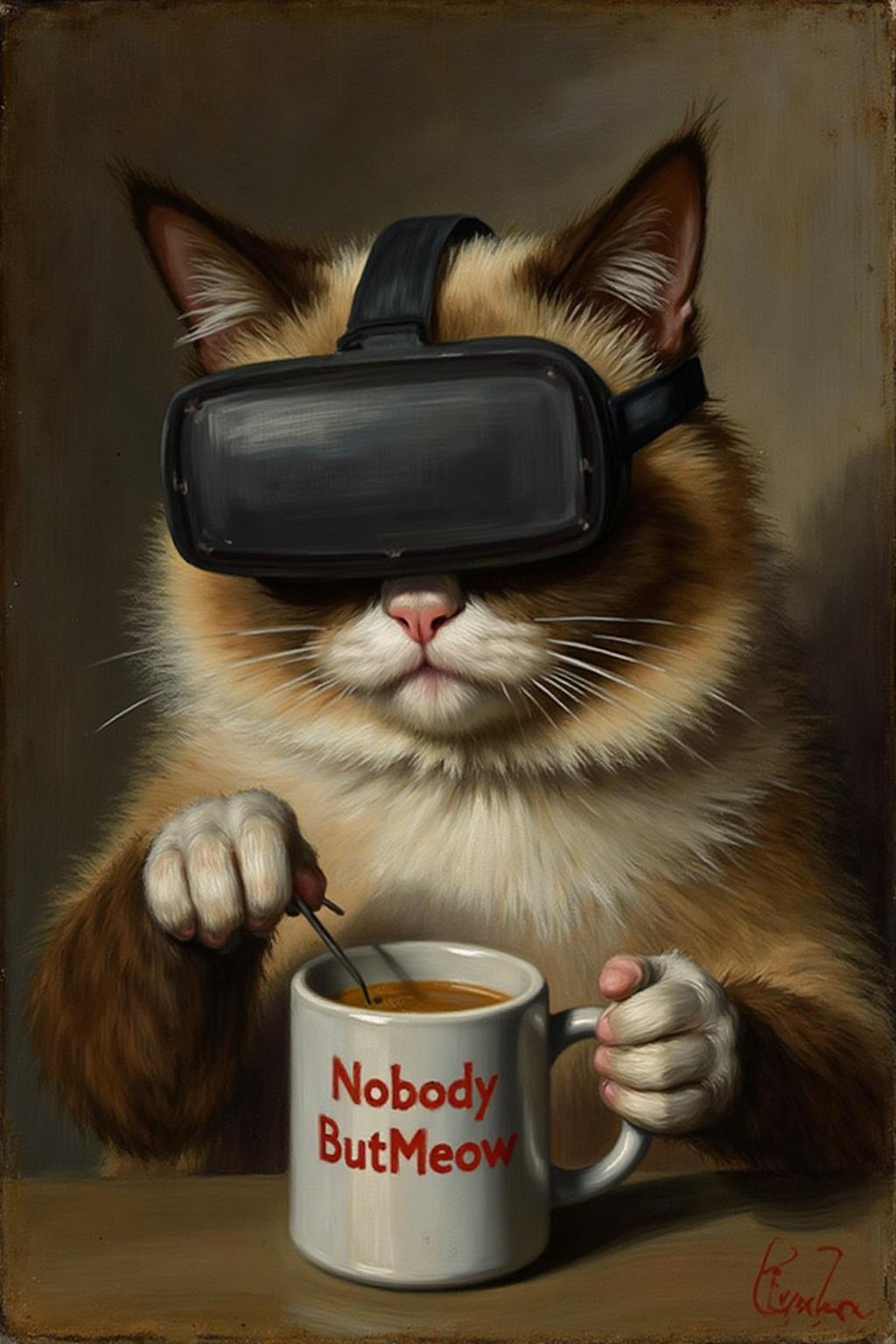 fraha1 painting. Grumpy Cat drinking coffee, wearing a VR Headset. The mug has the phrase "NobodyButMeow" printed, <lora:fraha2_nocap_d6a3:1.0><lora:806942153822653669:0>