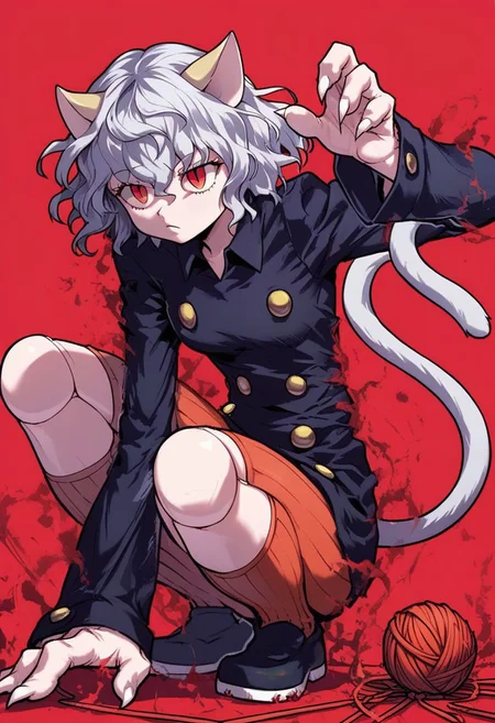 masterpiece,best quality, highly detailed, score_9, score_8_up, score_7_up, score_6_up,source_anime, 1girl, catgirl, neferpitou, female, animal ears, tail, cat ears, joints, articulated legs, red eyes, doll joints, fingernails, shorts, short hair, grey hayr, slit pupils. shoes, socks, yarn ball, long sleeves, buttons, blue jacket,saluting, millitary pose,