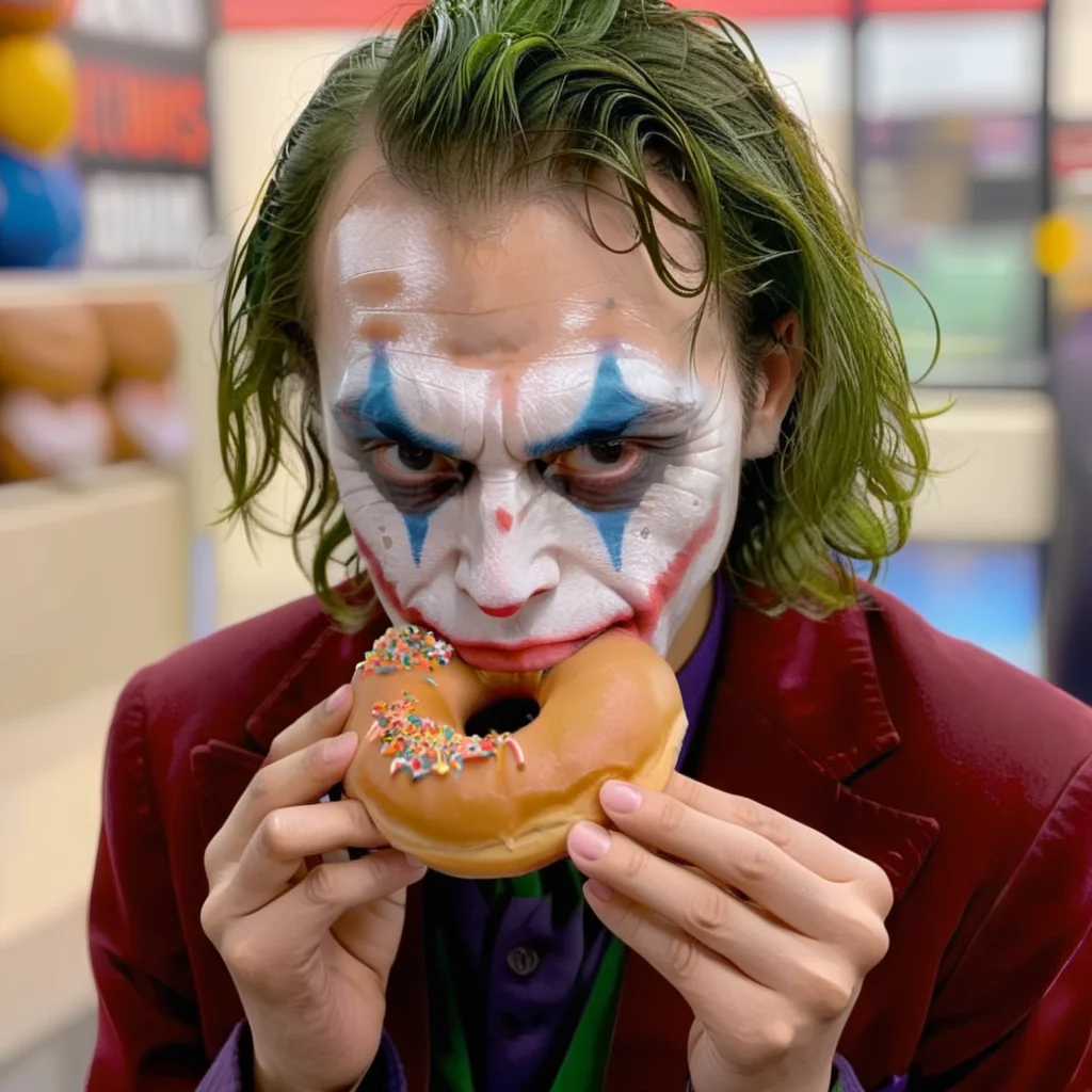 a joker eating a doughnut, <lora:eatpan:0.8>