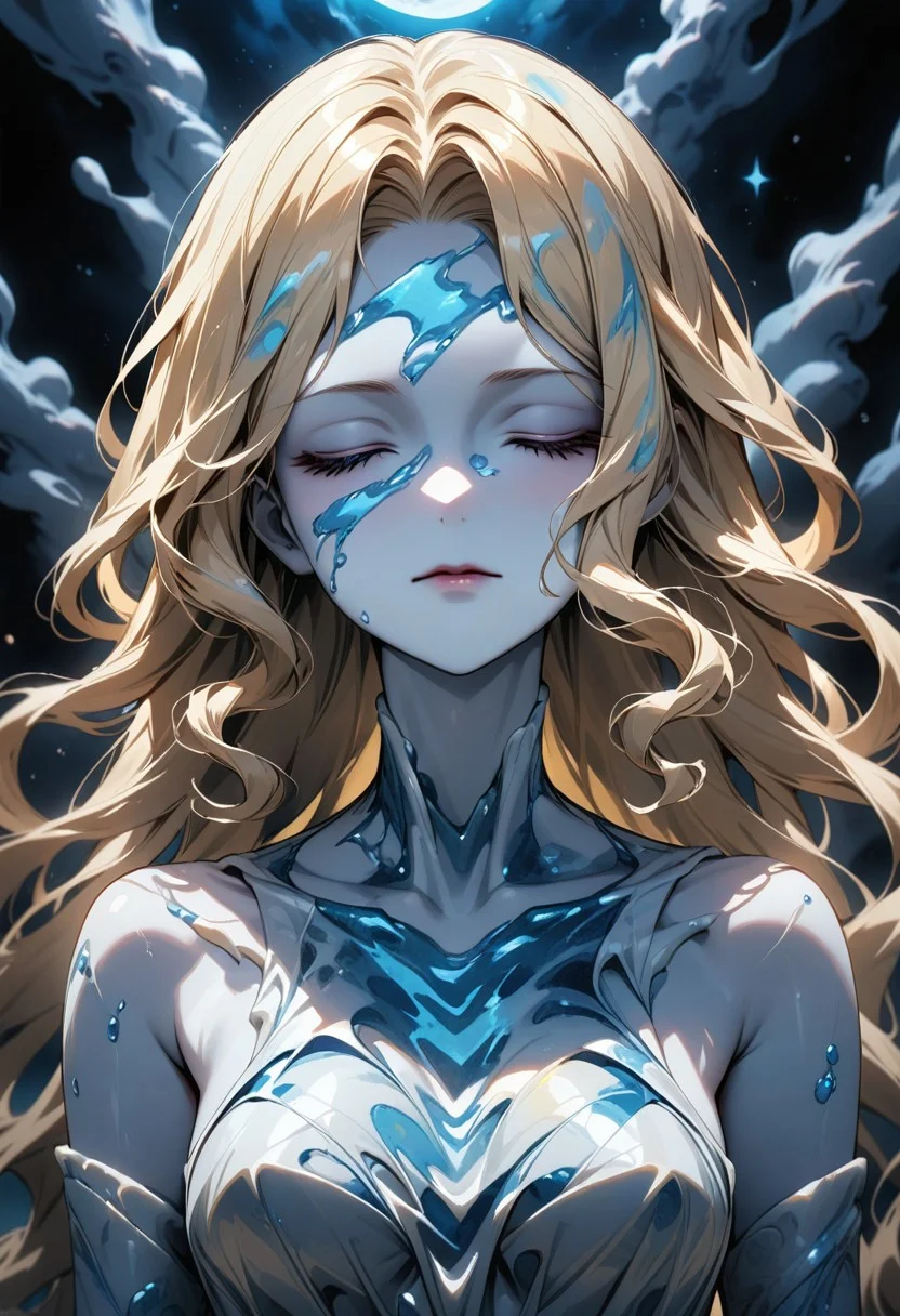 ((masterpiece), (best quality), (ultra-detailed),
, 1statue woman, solo, light, upper body, long hair, blonde hair,
elbow gloves, illustration, 2DMM,
dress made of Liquid Marble, blind, white skin, pale skin,
upper body, moon, standing white dress, belt,
From side-above,stars, night, sky, Liquid Marble, face focus, portrait, Marble woman , marble clothes, marble hair, marble skin, closed eyes,
)