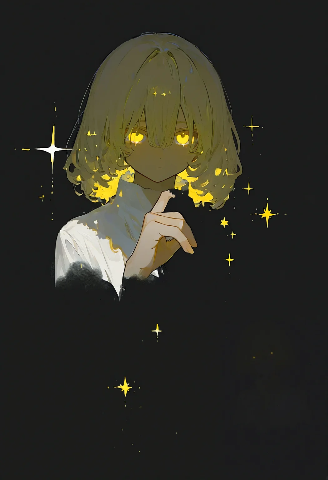 <lora:MF9fMTFYeA==-noobaiXLNAIXL_epsilonPred_V110_V1-CAME>, MF9f, 1girl, yellow eyes, blonde hair, white shirt, looking at viewer, shirt, black background, blending, closed mouth, disembodied limb, sparkle, short hair, hair between eyes, glowing eyes, solo, glowing, star \(symbol\), finger to own chin, solo focus
