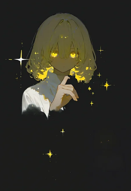 <lora:MF9fMTFYeA==-noobaiXLNAIXL_epsilonPred_V110_V1-CAME>, MF9f, 1girl, yellow eyes, blonde hair, white shirt, looking at viewer, shirt, black background, blending, closed mouth, disembodied limb, sparkle, short hair, hair between eyes, glowing eyes, solo, glowing, star \(symbol\), finger to own chin, solo focus