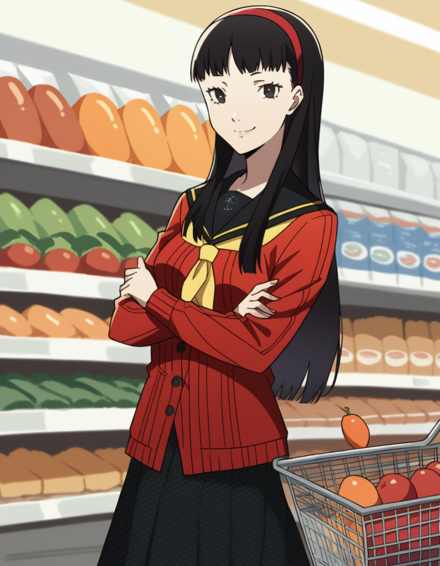 score_9, score_8_up, score_7_up, source_anime, <lora:yukiko-amagi-s1-ponyxl-lora-nochekaiser:1>, yukiko amagi, long hair, black hair, hairband, black eyes, medium breasts,, skirt, school uniform, pantyhose, serafuku, black pantyhose, shirt, white shirt, cardigan, red cardigan,, grocery store, shopping cart, picking fruits, everyday life, , smile, looking at viewer, crossed arms, smile, smug, solo,, cowboy shot, dutch angle