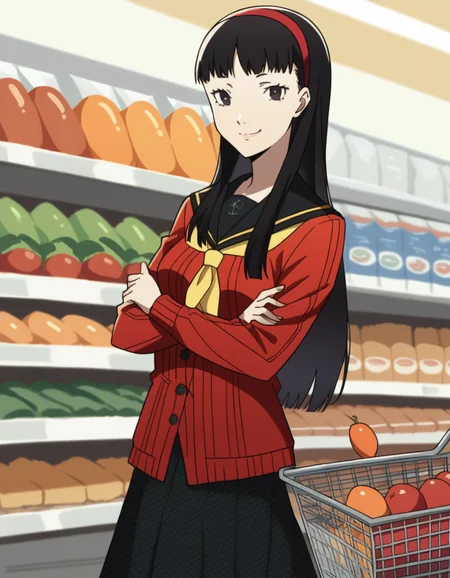 score_9, score_8_up, score_7_up, source_anime, <lora:yukiko-amagi-s1-ponyxl-lora-nochekaiser:1>, yukiko amagi, long hair, black hair, hairband, black eyes, medium breasts,, skirt, school uniform, pantyhose, serafuku, black pantyhose, shirt, white shirt, cardigan, red cardigan,, grocery store, shopping cart, picking fruits, everyday life, , smile, looking at viewer, crossed arms, smile, smug, solo,, cowboy shot, dutch angle
