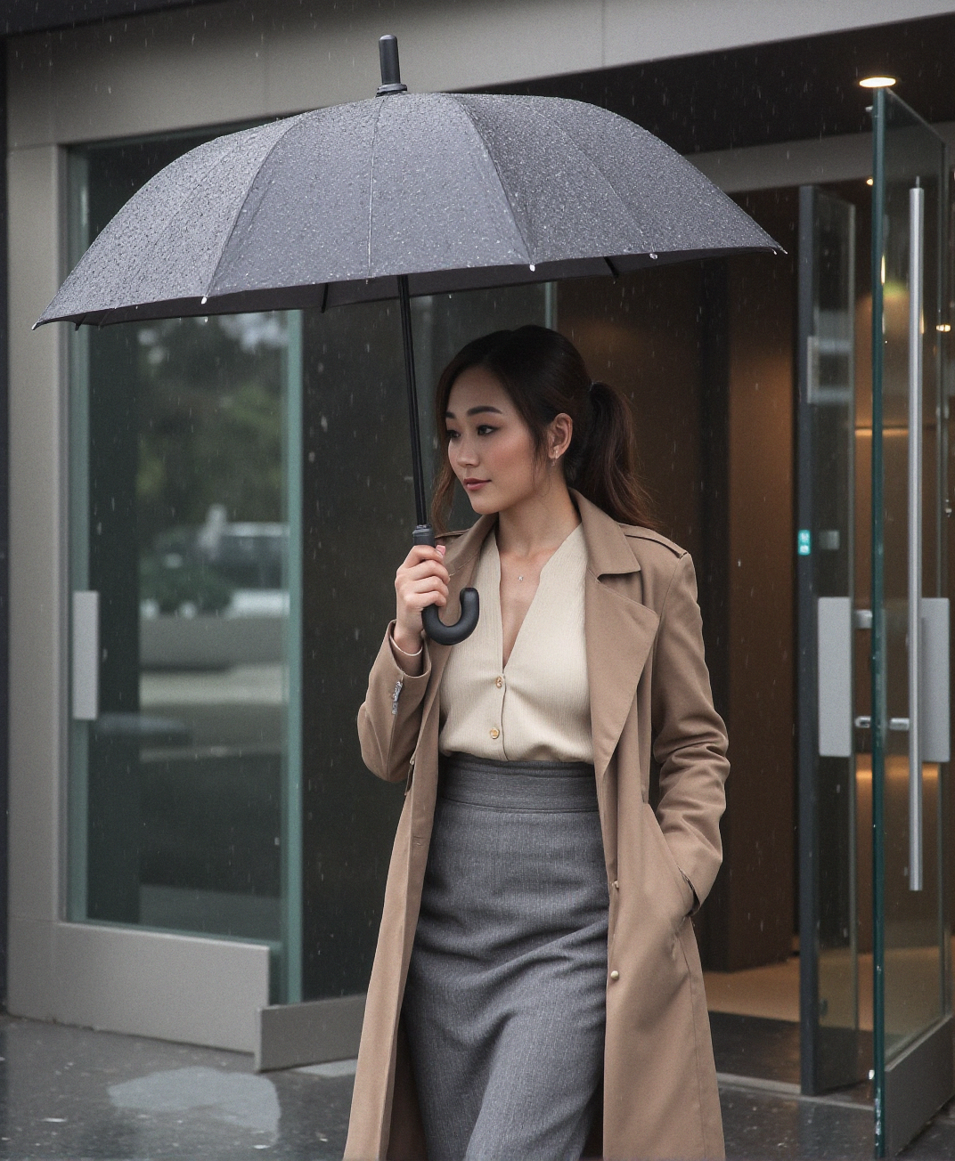 An analog photo of (sks woman:1), Japanese office, âRain at the Entranceâ
The buildingâs automatic doors slide open with a hush as she steps in, umbrella lowered and dripping, raindrops sliding off the edge of her trench coat in soft rivulets. Beneath, her cream-colored blouse and high-waisted gray skirt are untouched, thanks to the effort. She stops just inside, brushing damp hair behind one ear, watching the rain blur the outside world. Her shoulders rise and fall once. A breath. Then she steps forward into the polished lobby, spine straight again.