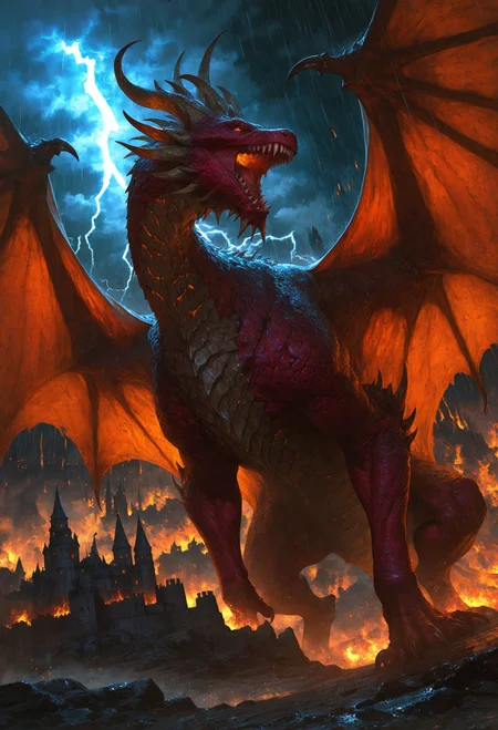 game of thrones \(series\), masterpiece, best quality, good quality, very aesthetic, absurdres, very awa, newest, full body, dutch angle, top view, cinematic shot, solo, giant dragon, majestic, span wings, twisted horns, long horns, teeth, guarding castle, claw on castle, detailed textures, scale texture, colossal, castle, lightning, heavy raining, roar, fire dragon, photorealistic, highly detailed, intricate, 748cmstyle, usnr, gbf_style, <lora:745cmSDXLvpred75S:0.7>, <lora:USNR STYLE_XL_loha:0.5>, <lora:add-detail-xl:1>, <lora:GBF_Illustrious:0.5>