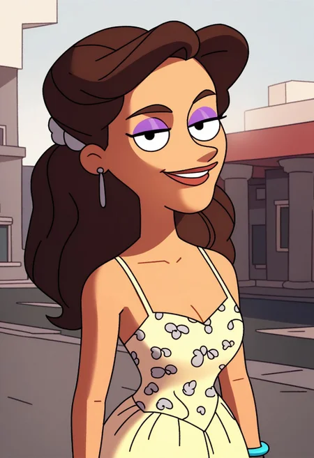 standing cleavage, looking at viewer, smile, upper body, outdoors, score_9, score_8_up, score_7_up, score_6_up, high quality, Shannon_ad, 1girl, solo, brown hair, makeup, purple eyelashes, yellow dress, sleeveless dress, bracelet, white high heels
