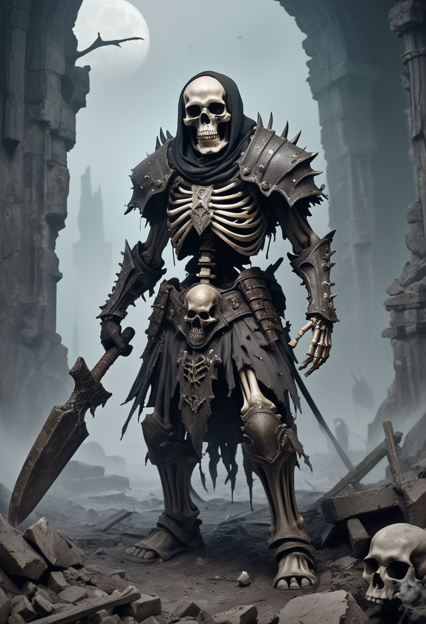 (medium full shot) of (grim skeleton)  warlord, wearing Chipped breastplate, bone pauldrons, corroded gauntlets, cracked greaves, rotting boots, holding wielding bone axe, set in the cursed lands, in  mystical skeletal ruins, shrouded in fog, with fragments of stone structures emerging from the mist, holding secrets of the past , at night, ,Masterpiece,best quality, raw photo, realistic, very aesthetic