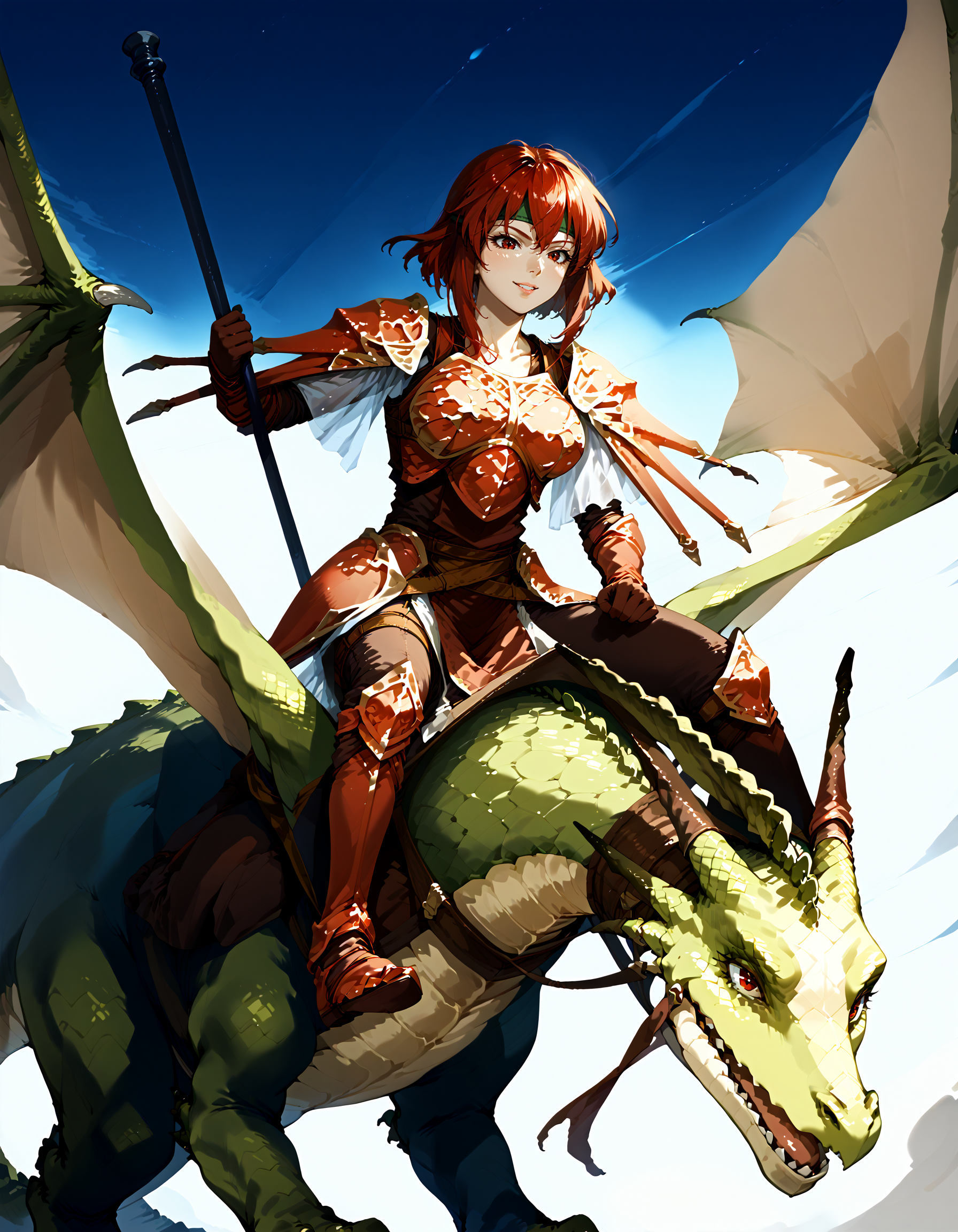 zPDXL3,<lora:Pony_DetailV2.0:1>,sky BREAK 1girl,1other,large breasts,
BREAK wyvern rider,dragon riding,dragon wings,knight,green dragon,polearm,holding polearm,holding weapon,flying,smile,<lora:wyvern rider-pony-v31:1> BREAK feMva,red hair,short hair,red eyes,green headband,red armor,shoulder armor,gauntlets,gloves,brown pants,pelvic curtain,armored boots,<lora:feminerva-pdxl-nvwls-v1:1>,