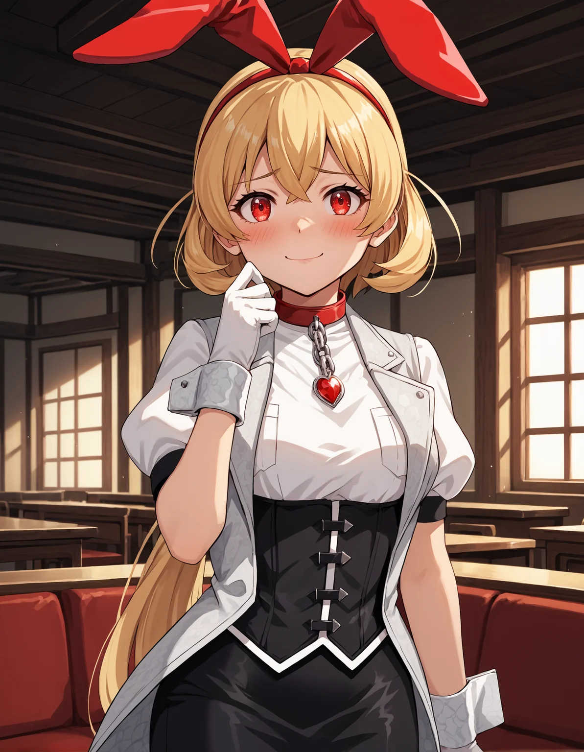 score_9, score_8_up, source_anime, 1girl, upper body, medium shot, detailed, mgrcnanaseyukika, blonde hair, low ponytail, red eyes, looking at viewer, fake rabbit ears, red hairband, red animal collar, white top, juliet sleeves, grey sleeveless coat, chain, red gem pendant, black corset, black pencil skirt, wrist cuffs, white gloves, nervous smile, hand up, indoors, hall, blush, <lora:mgrcnanaseyukika_XL:0.9>