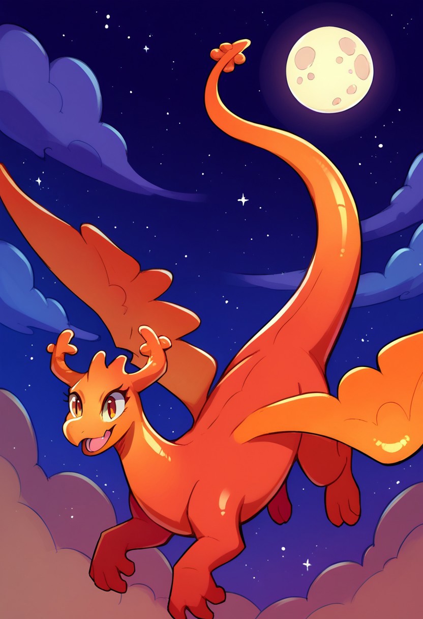 BREAK score_9, score_8_up, score_7_up, source_anime, 1girl, solo, Penny_Dragon, feral, dragon, two-tone skin, orange-red, shiny skin, two horns, two wings, tail, night, moon, flying, flying through the sky,