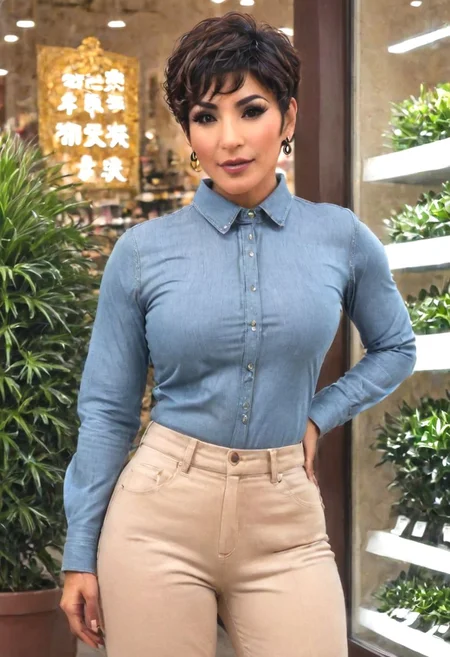 SFW, Masterpiece, Mature Latina MILF, Masterpiece, intricate details, 35 years old mature Latina,  (Latina woman), ( high cheeks bones),  golden skin, tan skin,), Tan skin, golden skin, small, huge boobs,  brown eyes, big eyes, dark brown hair, blonde highlights, ((long bang covering one eye)) , muscular body, ((( curly pixie cut hair))), ((very short hair)),  ((sides and back shaved curly on top)), (((dark brown hair))), (((heavy eyeliner))), ((long fake eyelashes)),((huge boobs)) ,  thin waist,, muscular arms,  thin waist, BREAK, 35 years old mature Latina in a blue shirt and jeans posing for a picture in a store window display area with a plant,  slim figure, bangs, black hair, brown eyes, crop top, denim, jeans, long sleeves, midriff, pants, short hair, sleeves past wrists, solo, standing,CRUndie1.0, SkinDetail, eel [clothes]