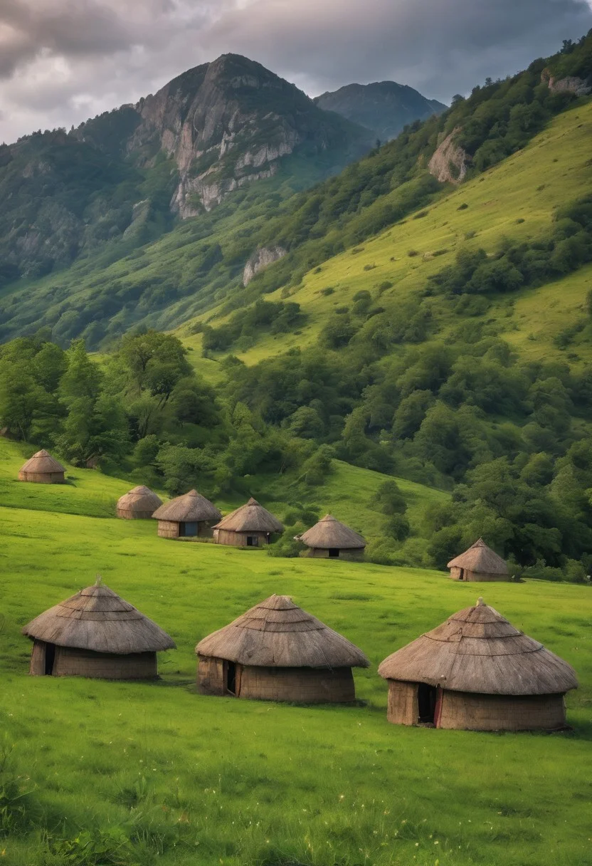 scattered grass covered huts and trees surround the hills and mountains, scenery, no humans, outdoors, tree, cloud, sky, mountain, day, grass