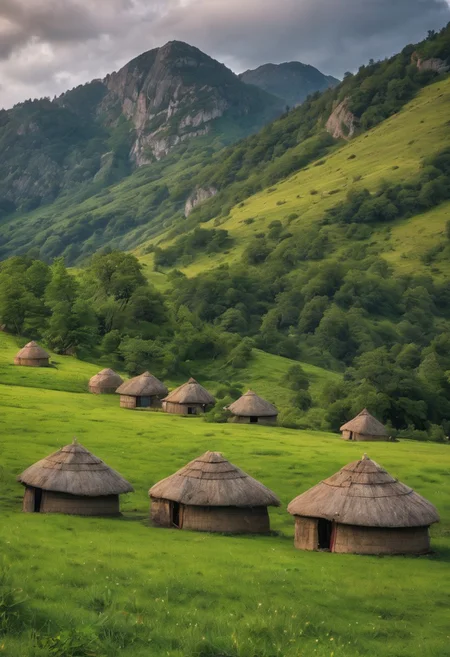 scattered grass covered huts and trees surround the hills and mountains, scenery, no humans, outdoors, tree, cloud, sky, mountain, day, grass
