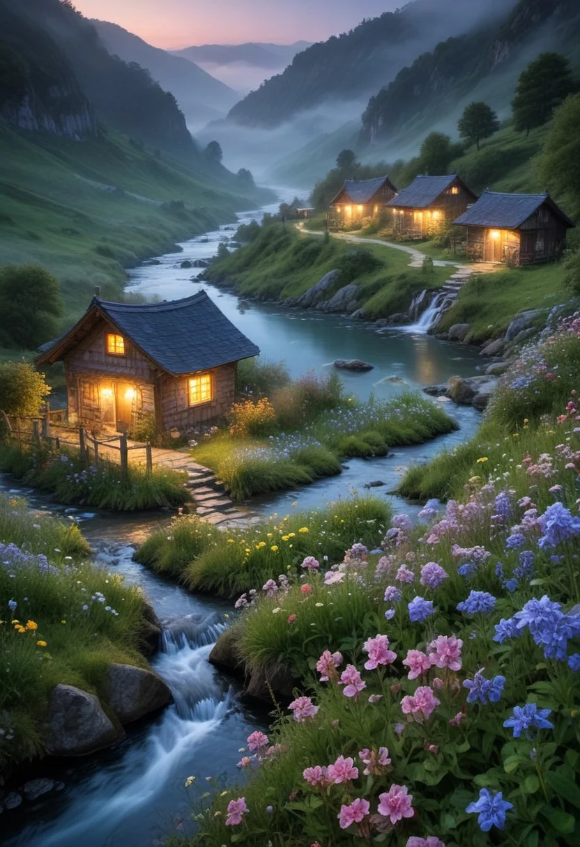 A quiet, flower-filled valley at dusk, streams flowing softly, small cottages scattered, with mist settling around the vibrant, magical landscape. bioluminescent, glowing