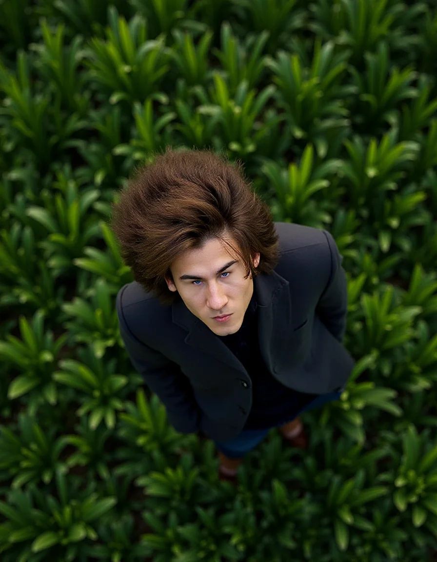 birds-eye-view shot of a Exhausted (ral-smlfcs:1.2) , his hair is Unconventional, spring grass with Juniper, Sharp and in focus, Vivid, Serene, in the style of the david, <lora:ral-smlfcs-flux-000010:1>, ambient illumination, atmosphere, intense, beautiful, detailed, ambient light, perfect composition, exquisite color