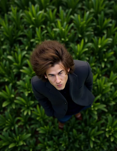birds-eye-view shot of a Exhausted (ral-smlfcs:1.2) , his hair is Unconventional, spring grass with Juniper, Sharp and in focus, Vivid, Serene, in the style of the david, <lora:ral-smlfcs-flux-000010:1>, ambient illumination, atmosphere, intense, beautiful, detailed, ambient light, perfect composition, exquisite color