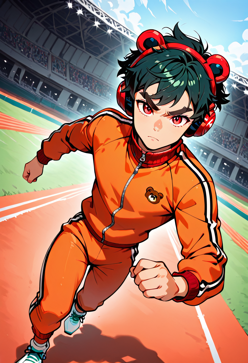 very awa, masterpiece, best quality, absurdres, newest, perfect quality, intricate details, detailed background, anime style, track field, solo, dynamic angle,
OC_Xen, toned body, bright red eyes, thick eyebrows, dark green hair, determined, running, orange tracksuit, wireless headphones, bear shaped headphones, 
 <lora:OC_Xen:0.7> <lora:CoC_Lora_Ill_01:1>