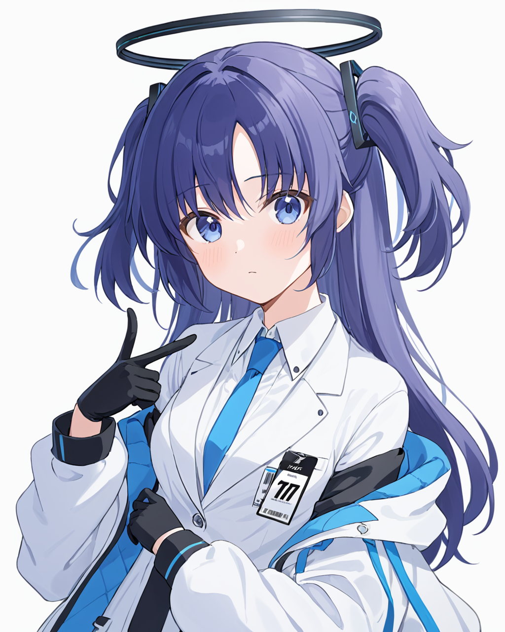 yuuka \(blue archive\),1girl, solo, necktie, gloves, jacket, white background, simple background, looking at viewer, id card, halo, black gloves, blue necktie, shirt, off shoulder, white jacket, two side up, blush, white shirt, upper body, open clothes, long sleeves, open jacket, collared shirt, index finger raised
<lora:Yuuka_image86_v1:1>,halo,. gorgeous,key visual, vibrant, studio anime,award-winning, professional, highly detailed,high budget, cinemascope