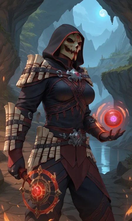 anime style, anime studio, vibrant, (score_9, score_8_up,score_7_up), masterpiece, best quality, ultra quality, (1girl:1.1), <lora:glavakolhoza_shadowscalearmour:0.9>, glavakolhoza_shadowscalearmour, fantasy armour, mask, hood, (big breasts:1.2), curvy, cave, (dark:1.2), lit by torches, standing, dark red magic, (dark red magic flows:1.2), controlling magic, holding a glowing orb of magic, fantasy, evil, villainess, magic seals
