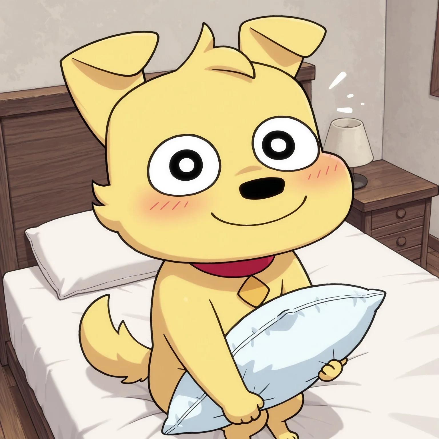 1boy, 2d, solo, Benny, male, anthro, dog, red collar, black eyes, black nose, yellow fur, face tuft, tail,
BREAK sitting on bed, from above, looking at viewer, smile, blush lines, happy, holding pillow, indoors, bedroom
BREAK best quality, amazing quality, very aesthetic, absurdres, newest, masterpiece, high quality, highres