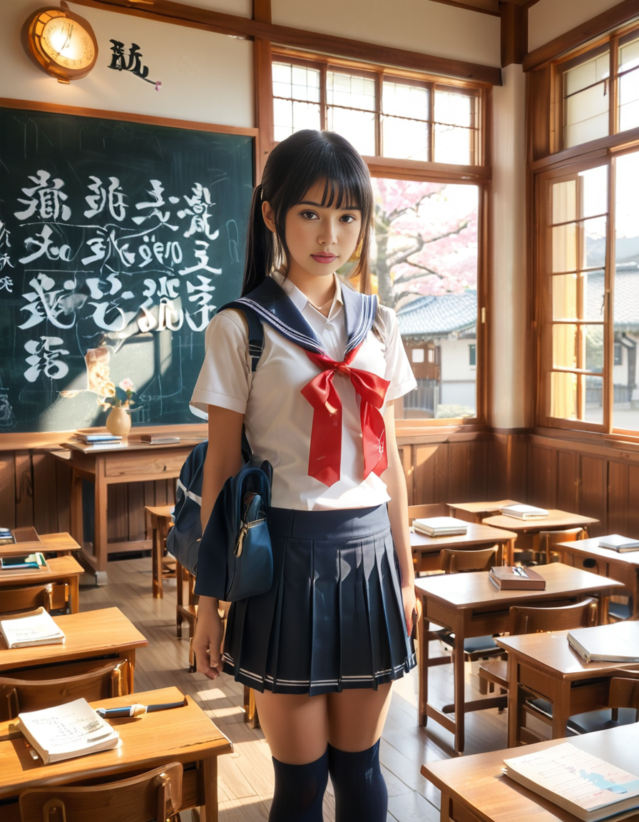 A Japanese schoolgirl standing in a traditional Japanese classroom during daytime. She wears a classic navy blue and white sailor-style school uniform with a pleated skirt, a ribbon tied at the collar, and knee-high socks. She has neatly styled black hair, possibly in a ponytail or straight with bangs, and carries a school bag over one shoulder. Her expression is calm and focused, with a hint of curiosity or determination.
The classroom features wooden desks and chairs arranged in rows, a large chalkboard with neatly written Japanese characters, and sunlight streaming in through large windows that reveal cherry blossom trees outside. Educational posters with kanji and hiragana are displayed on the walls, and a clock hangs above the board. The atmosphere is warm and nostalgic, capturing the essence of a Japanese school setting in a realistic and highly detailed photograph.
<lora:SDXLFaeTastic2400:0.4> <lora:extremely_detailed:0.4> extremely detailed, <lora:Japanese_cl4ssr00m:1>,Japanese cl4ssr00m, Masterpiece,best quality,hi res,8k,hi res,8k,award winning,(sharp focus, intricate, highly detailed),