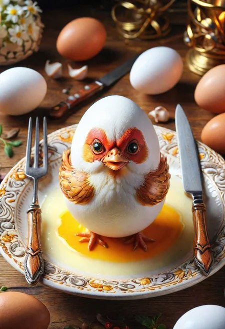 masterpiece, best quality, 4K, 8K, ultra detailed background, delicate pattern, complex detailed background, studio lighting, fantastic,
egg-art, perspective, roast chicken, on desk, knife and fork,