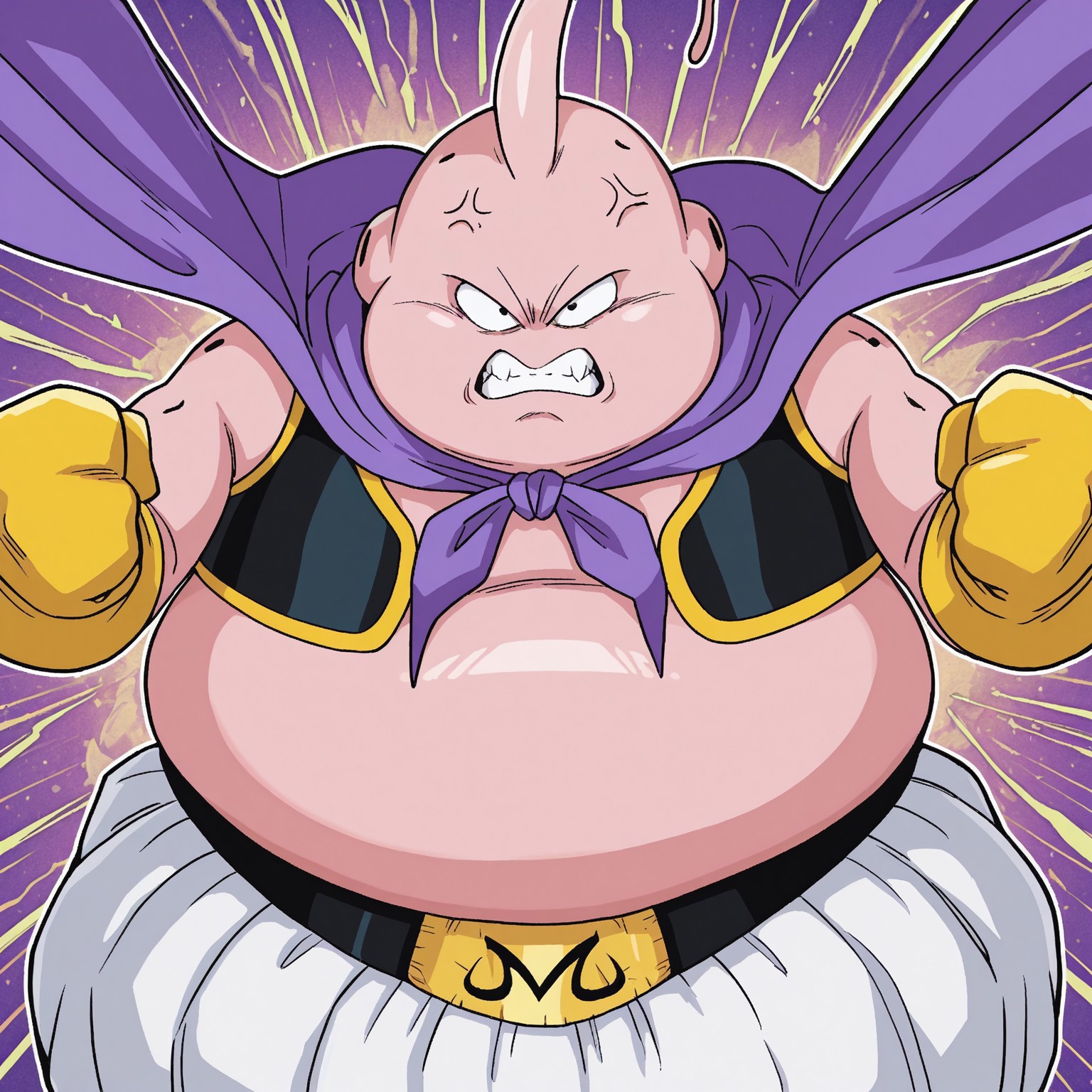 2d, Goodbuudbz, 2d, solo, male, eyes open, black pupils, no nose, no eyebrows, pink antenna, fat, pink skin, purple cape, belt, belt buckle, yellow gloves, yellow boots, white baggy pants, black and yellow vest, hole_(anatomy), 

BREAK anger vein, furious, squinted eyes, furious aura, gritting teeth, looking at viewer, fist, steam coming out of holes

BREAK best quality, amazing quality, very aesthetic, absurdres, high quality, masterpiece, abstract background, (upper body focus)
