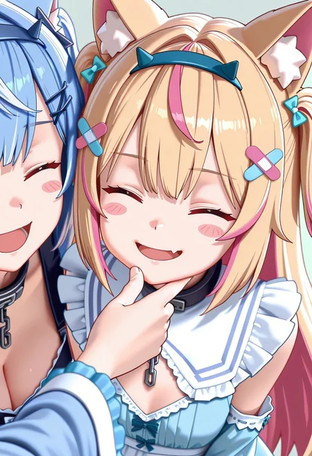 lazypos, girl focus, virtual youtuber, twins, multiple girls, 2girls, animal ears, sisters, streaked hair, siblings, animal ear fluff, multicolored hair, breasts, dog ears, pink eyes, dog girl, hair ornament, thumbs up, blonde hair, pink hair, blue hair, smile, open mouth, x hair ornament, looking at viewer, cleavage, bandaid hair ornament, bandaid, closed eyes, long hair, skin fang, collar, cleavage cutout, fang, dress, chain, blue hairband, two side up, clothing cutout, hand on another's chin, blush stickers, blush, large breasts, double-parted bangs, bow, frills, hairclip, Anime-art, custstyle, 3d