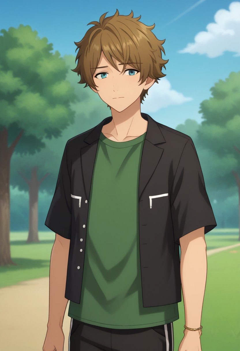 score_9, score_8_up, score_7_up, source_anime, highly detailed, 
midori, 1boy, male focus, blue eyes, solo, shirt, brown hair, green shirt, black pants, closed mouth, black jacket, pants, jacket, short sleeves, open clothes, short hair, facing viewer, bangs, bracelet, arms at sides,
outdoor, sky, tree, cloud, upper body,