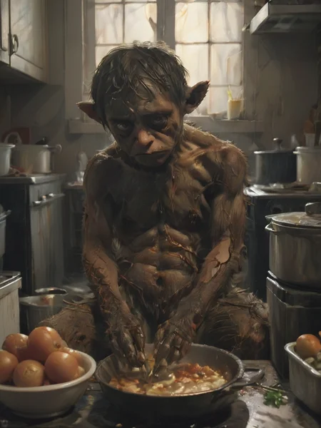oil painting, close up shot depressed stnerfx sad staring human , cooking food, in a kitchen, deep shadows, <lora:- SDXL - stnerfx _Stoned_Fox_Style_V4.0:.9>
