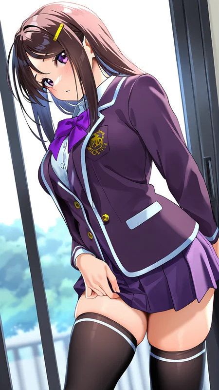 parametersparametersamazing quality,absurdres,best quality,masterpiece,highres,newest,detailed,detailed body,detailed face,masterpiece,best quality,
Shigeru Yamazaki,1girl,solo,skirt,school uniform,hair ornament,hairclip,zettai ryouiki,long hair,purple eyes,brown hair,black thighhighs,<lora:Shigeru Yamazaki:1>,