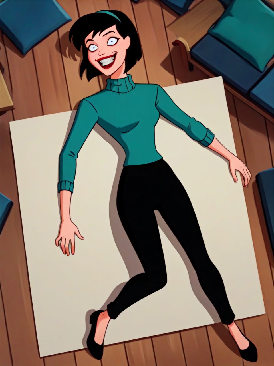 PonyXLV6_Scores, full body, store, wooden floor, <lora:thriftBTAS_PDXLver:0.8> thriftBTAS, black hair, short hair bob, black eyes, teal hairband, red lips, teal turtleneck sweater, black pants, black shoes, asleep, on floor, on back, from above, light green mist, <lora:JokerizedXL:0.6> jokerized, smile, grin, teeth, constricted pupils, crazy eyes, red lips