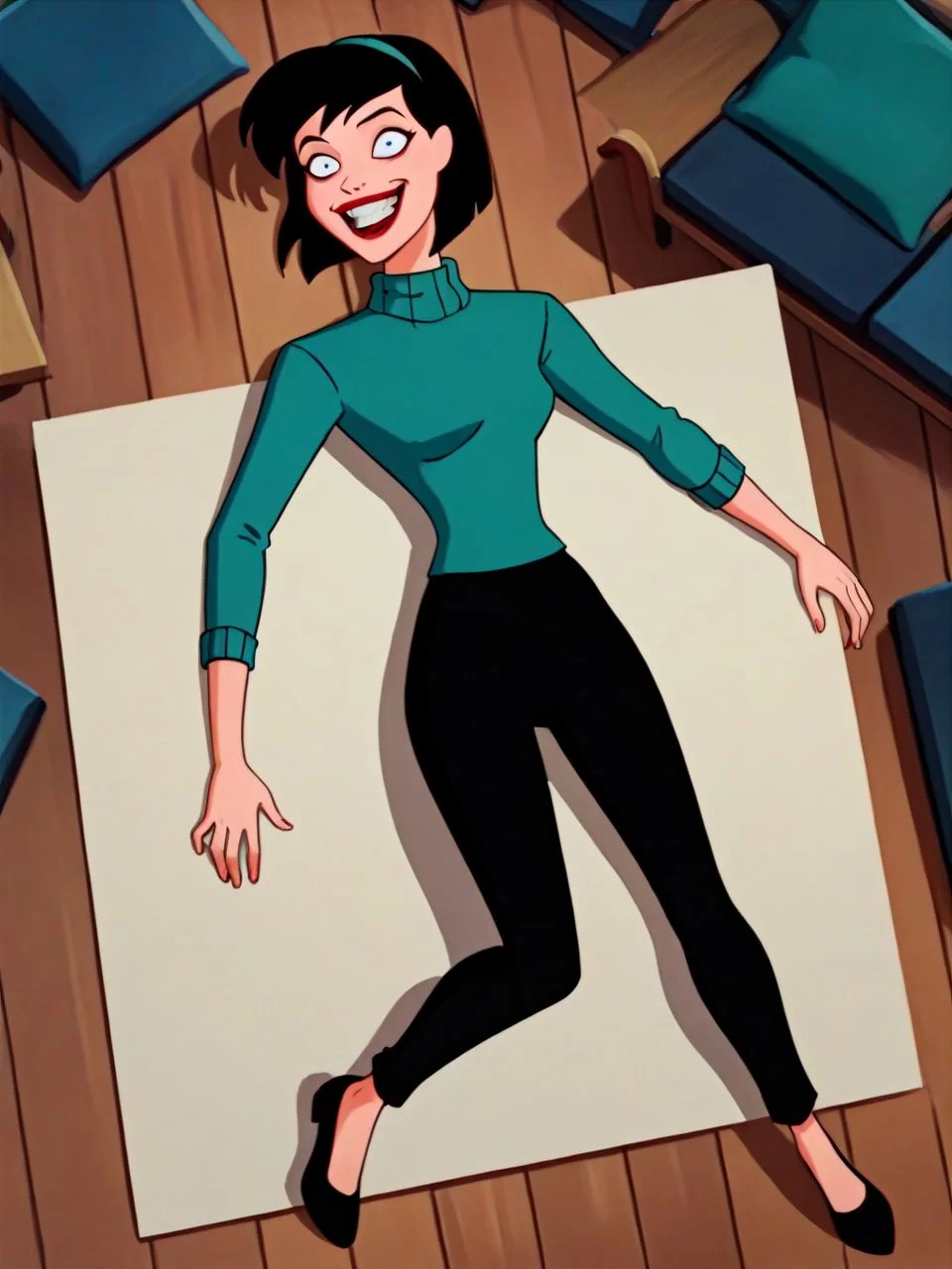 PonyXLV6_Scores, full body, store, wooden floor, <lora:thriftBTAS_PDXLver:0.8> thriftBTAS, black hair, short hair bob, black eyes, teal hairband, red lips, teal turtleneck sweater, black pants, black shoes, asleep, on floor, on back, from above, light green mist, <lora:JokerizedXL:0.6> jokerized, smile, grin, teeth, constricted pupils, crazy eyes, red lips